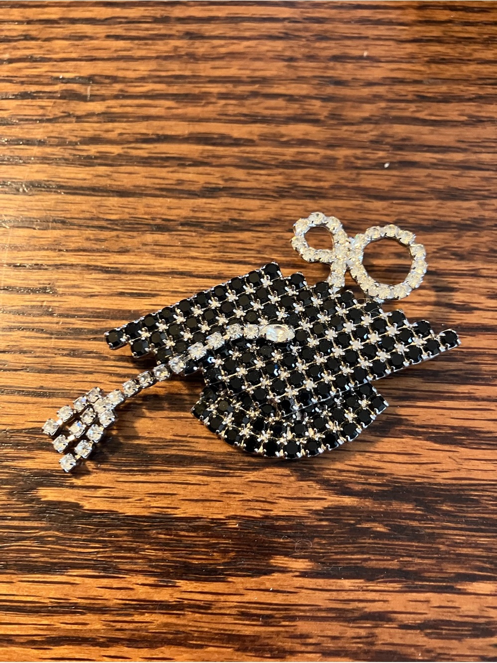 Vintage Bauer Black Rhinestone Brooch Pin Jewelry Graduation Cap - 1990